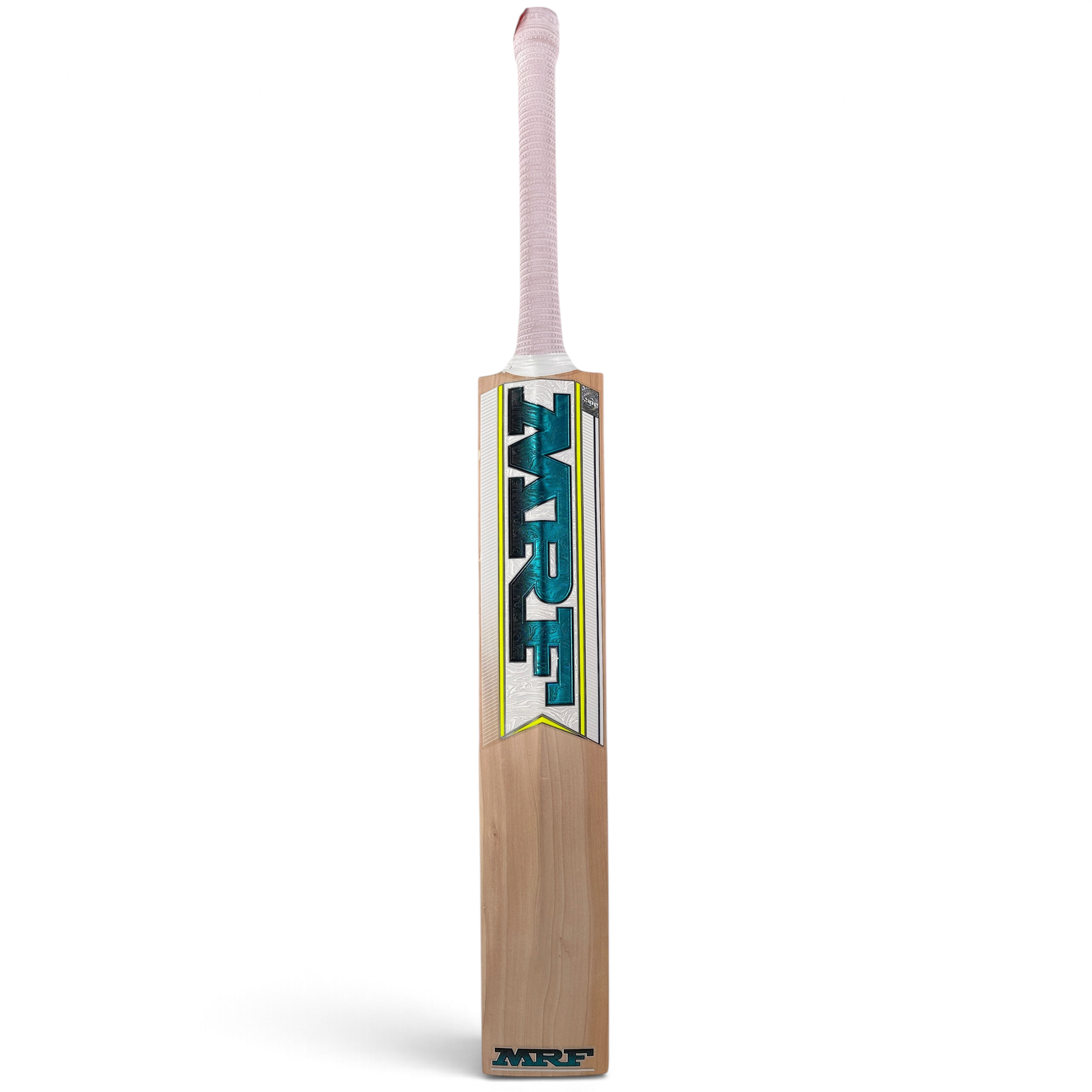AKS CRICKET MRF EW Bat Carnage featuring a natural willow wood finish with teal and yellow branding decals.