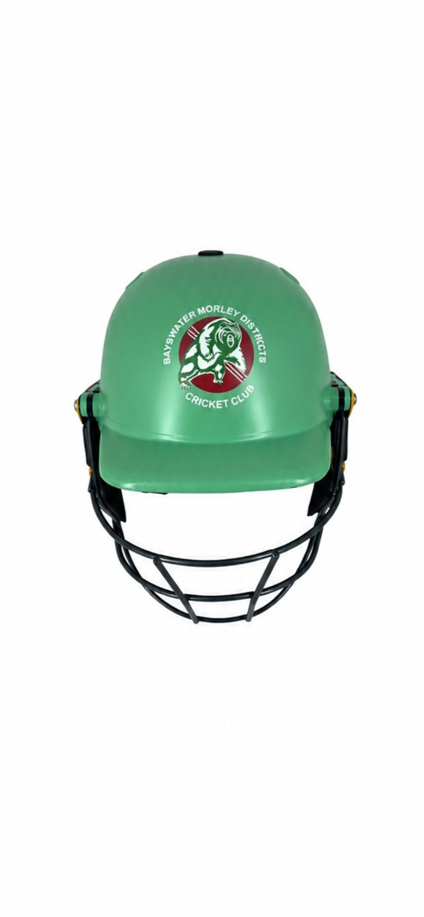 Masuri T Line Plus Steel cricket helmet in Bayswater Green with Bayswater Morley Cricket Club emblem