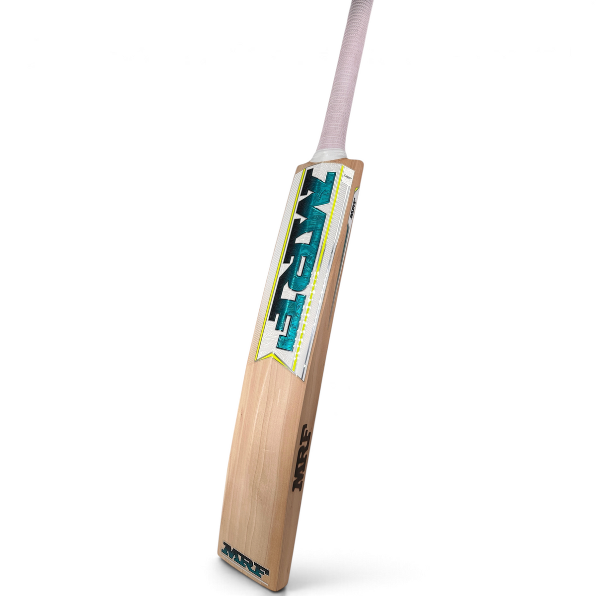 AKS CRICKET MRF EW Bat Carnage featuring a natural willow wood finish with teal and white branding stickers