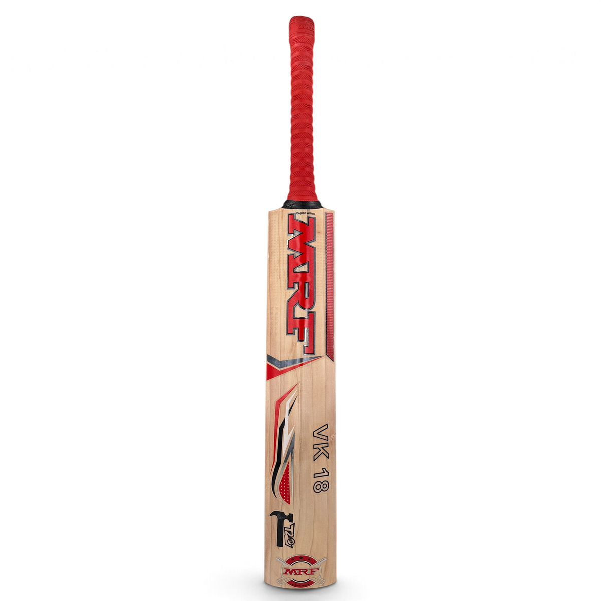 AKS CRICKET MRF Genius Hammer English willow cricket bat with red grip and VK 18 branding on the blade