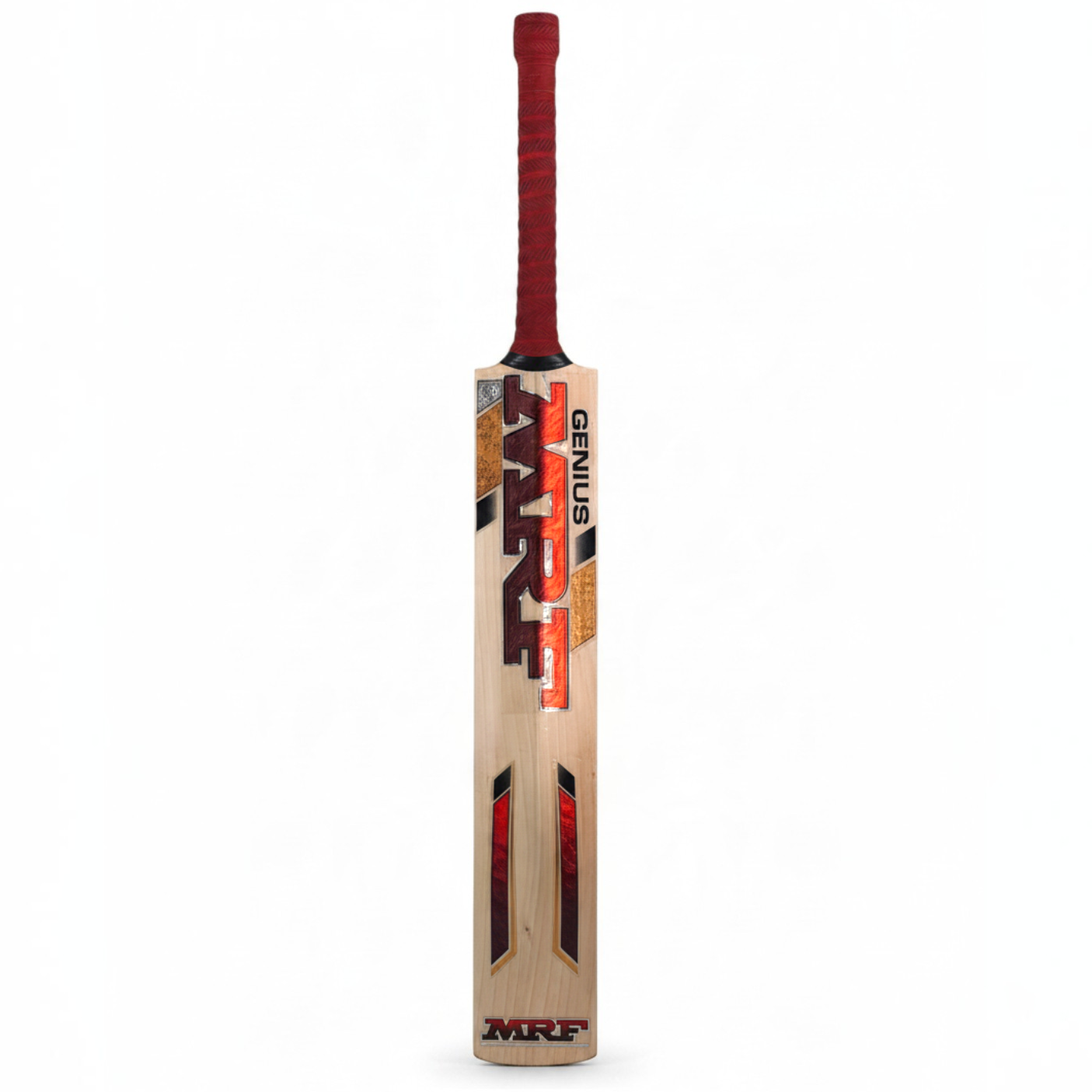 AKS CRICKET MRF Genius Soldier English willow cricket bat with red grip and orange branding on a white background