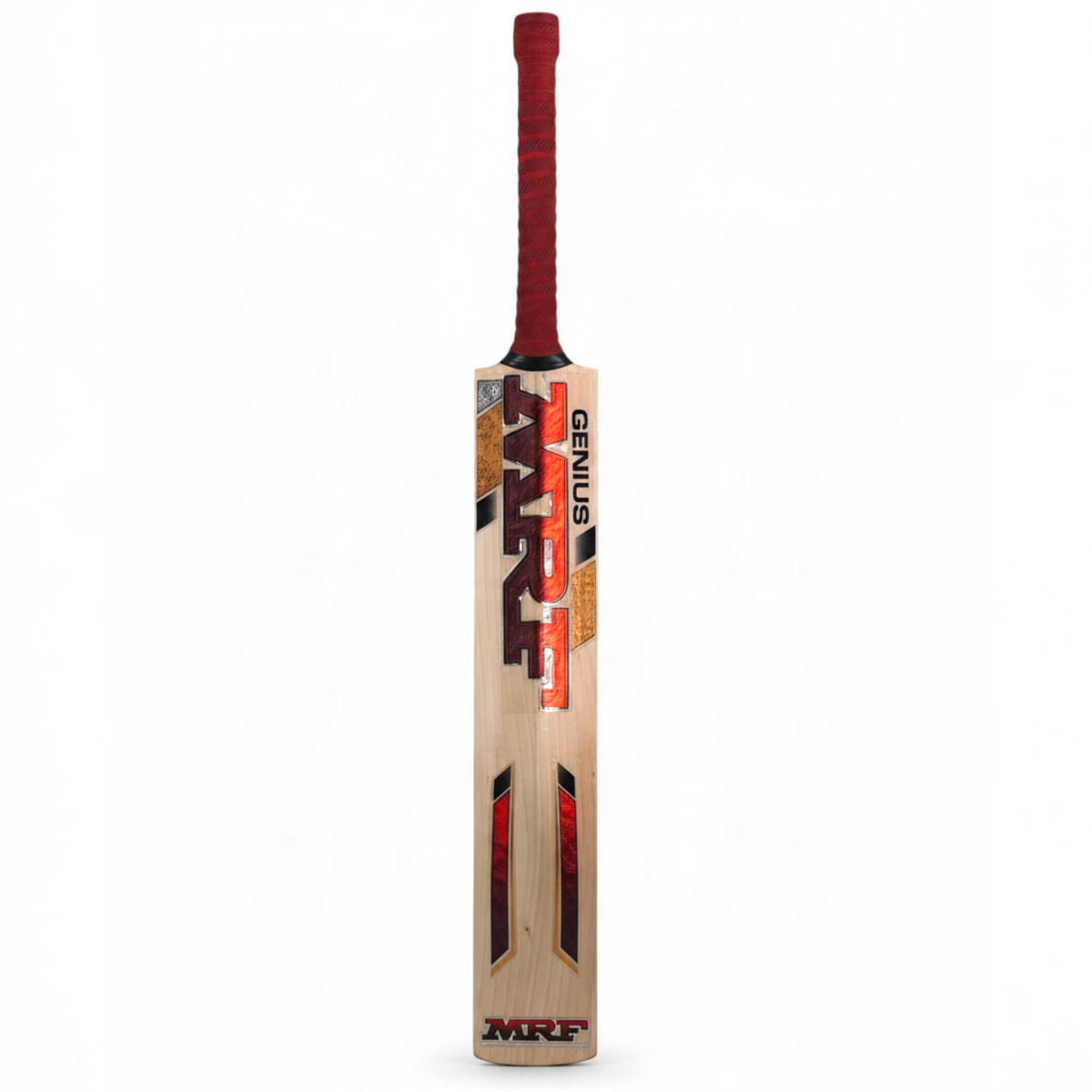 AKS CRICKET MRF Genius Soldier English willow cricket bat with red grip and orange branding on a white background