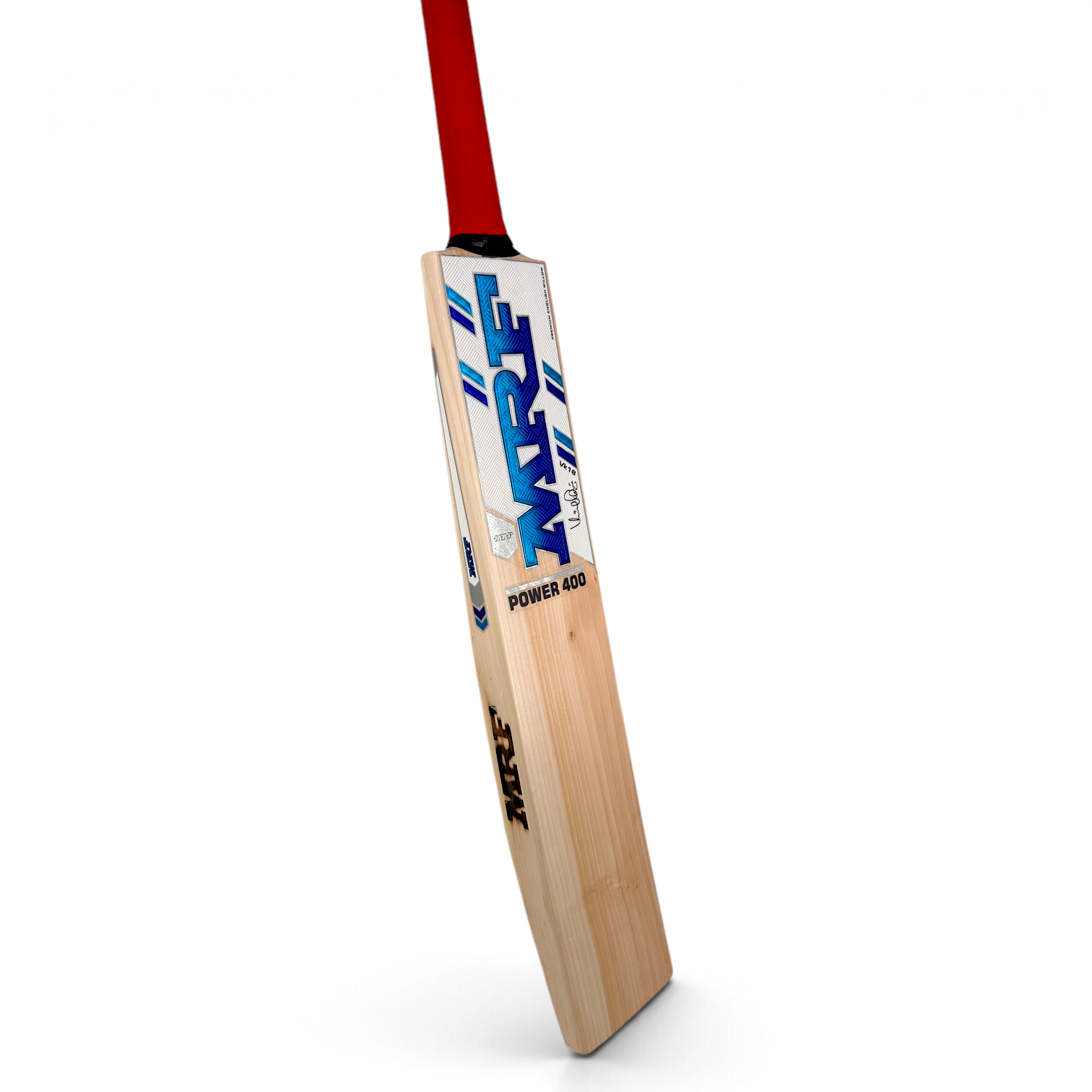 AKS CRICKET MRF Power 400 English willow cricket bat with a red handle and blue and silver branding on the blade.