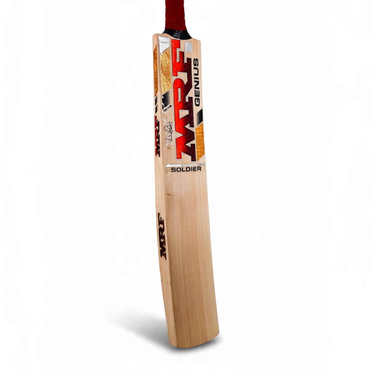 AKS CRICKET MRF Genius Soldier English willow cricket bat with red and gold branding on a light wood grain finish.