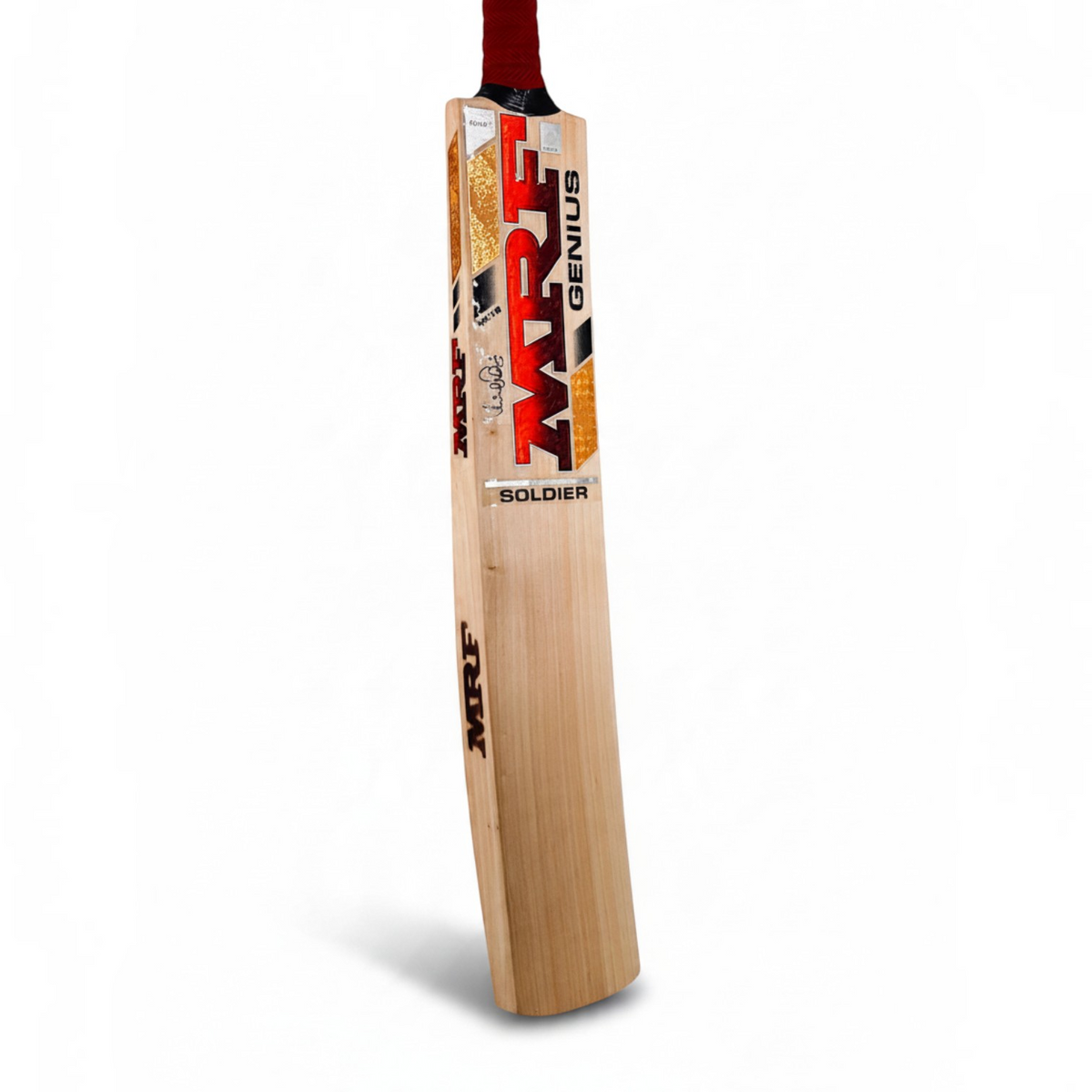 AKS CRICKET MRF Genius Soldier English willow cricket bat with red and gold branding on a light wood grain finish.