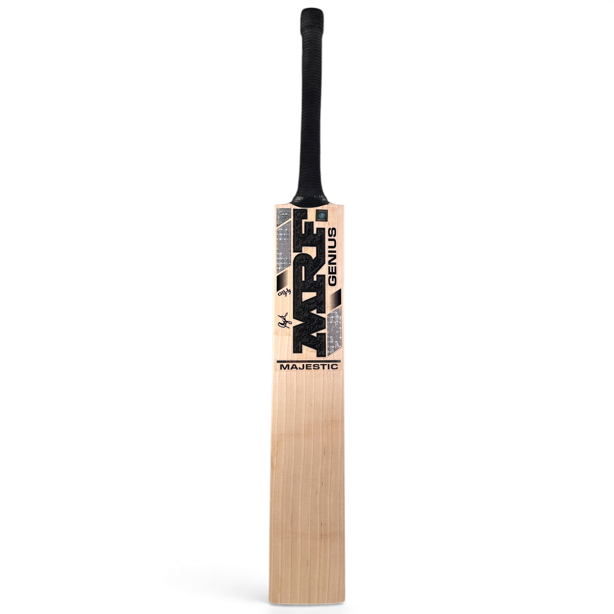 AKS CRICKET MRF Genius Majestic English willow cricket bat with black grip and bold branding on a light wood grain