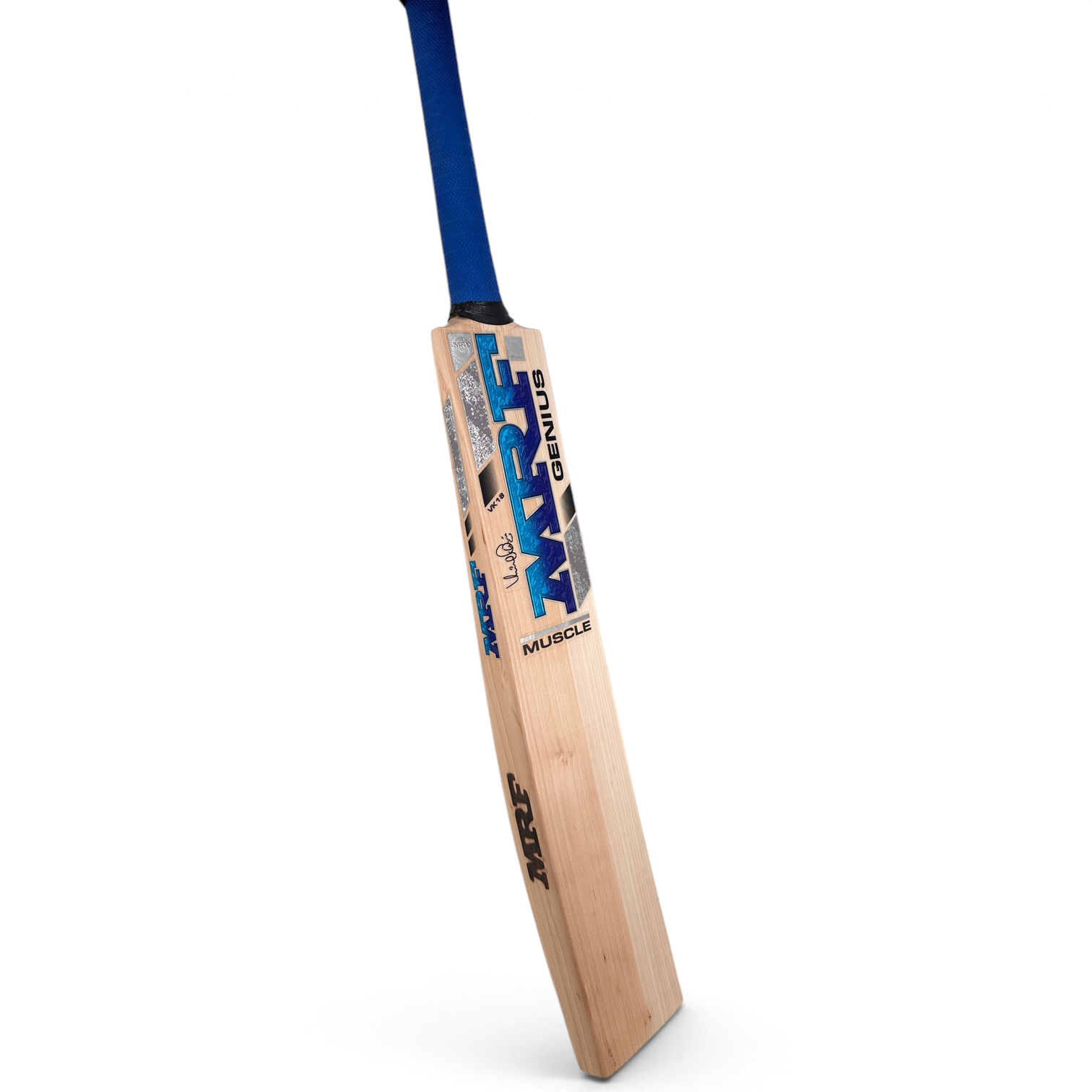 AKS CRICKET MRF Muscle English willow cricket bat with blue grip and modern curved blade profile
