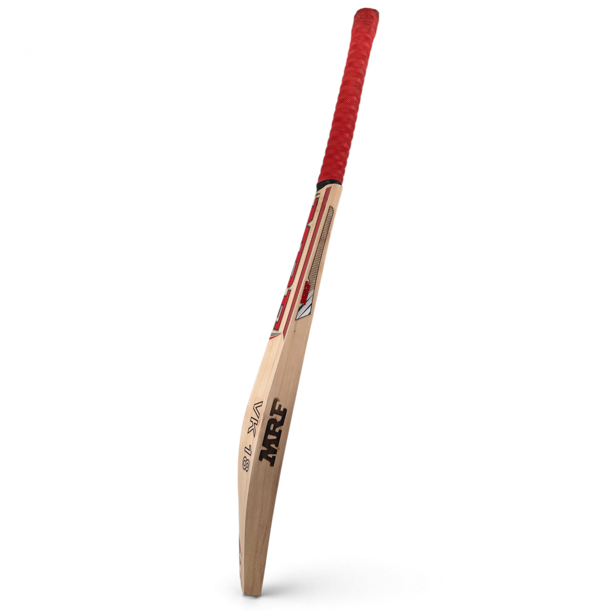 AKS CRICKET MRF Genius Hammer English willow cricket bat with red grip and VK 18 branding on the side profile