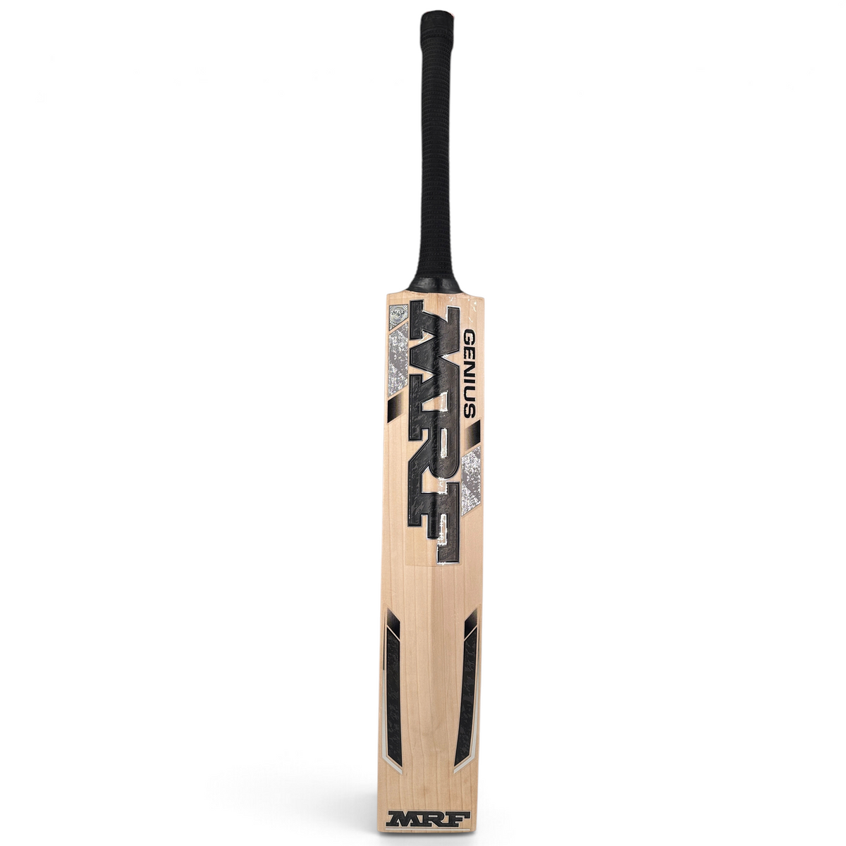 AKS CRICKET MRF Genius Majestic English willow cricket bat with black grip and bold branding on a natural wood finish