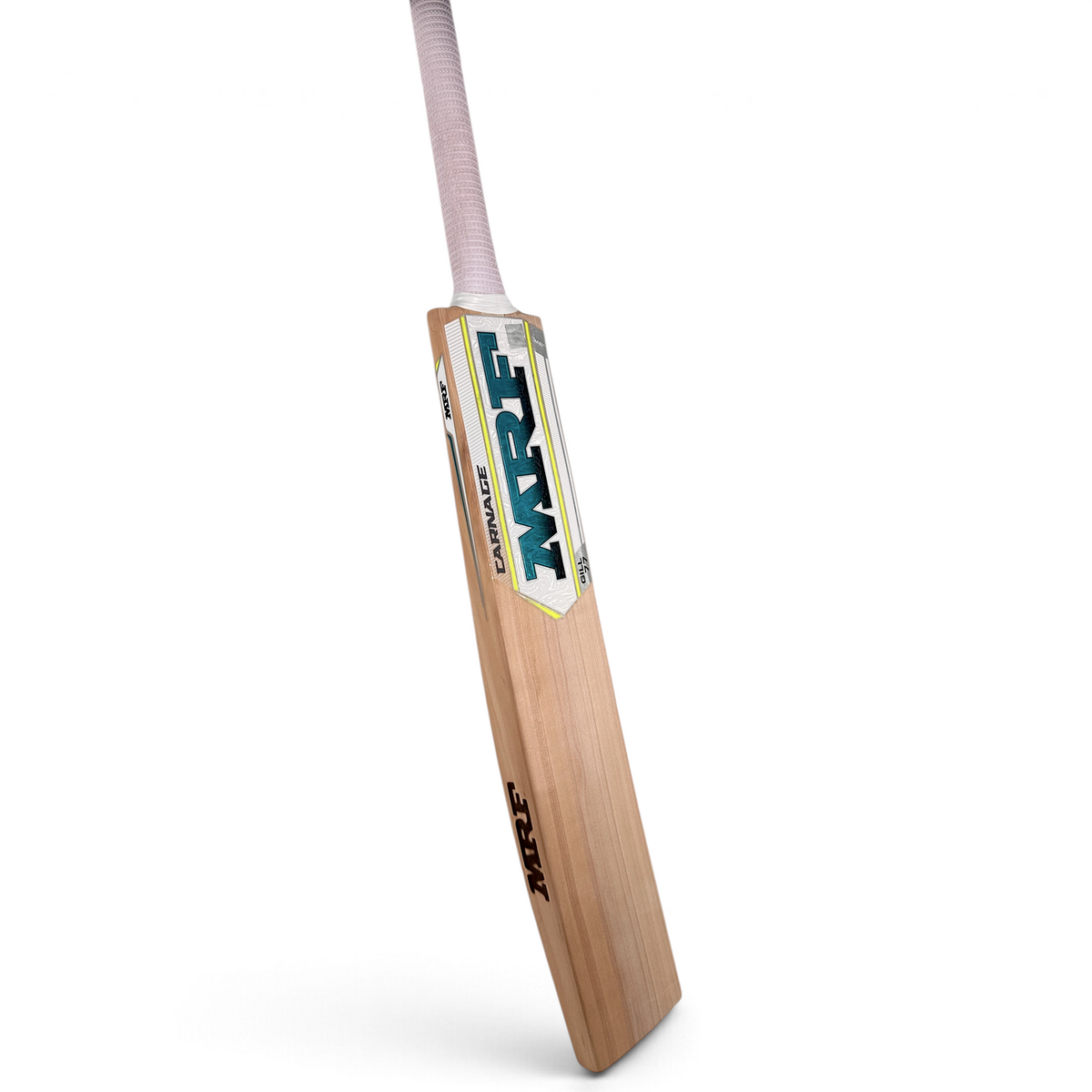AKS CRICKET MRF EW Carnage cricket bat with white grip and teal and yellow branding on a natural wood finish