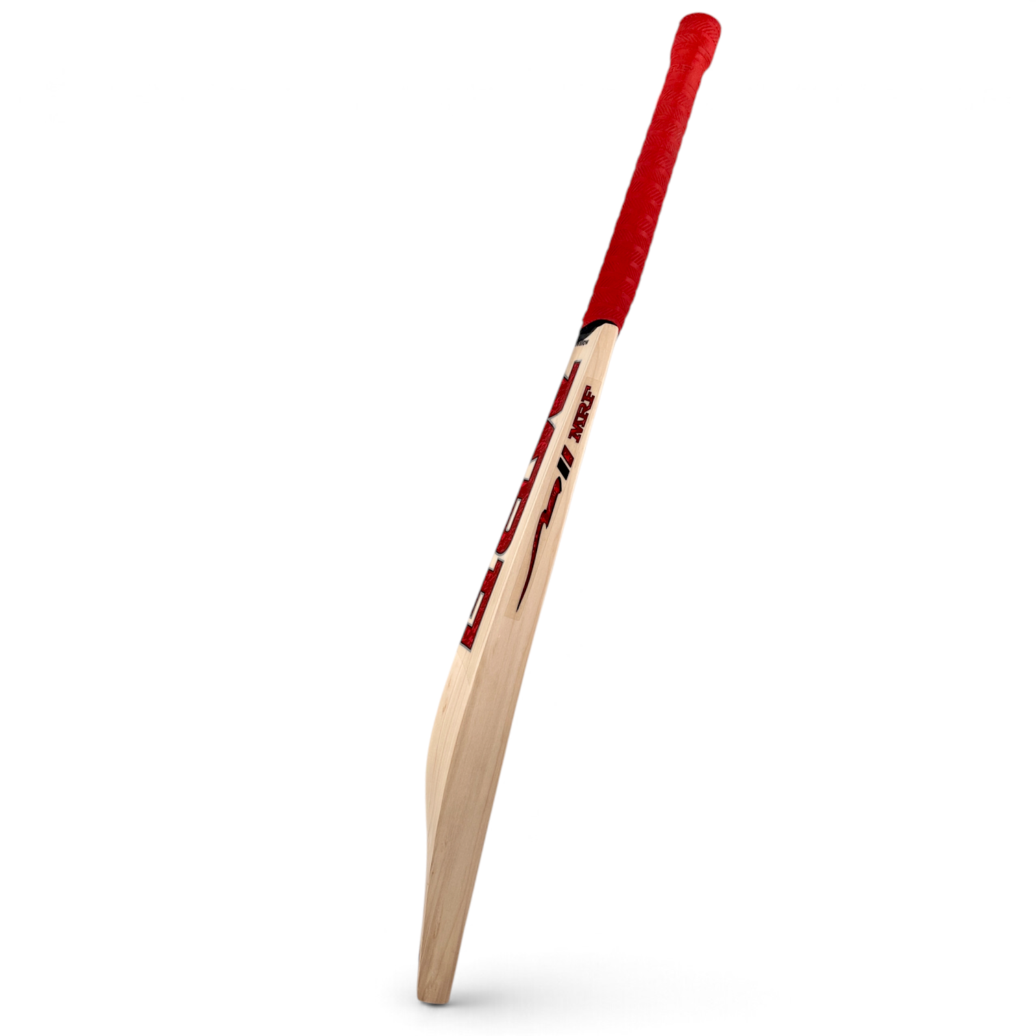 AKS CRICKET MRF Genius Legacy English willow cricket bat with red grip and thick edges on a white background