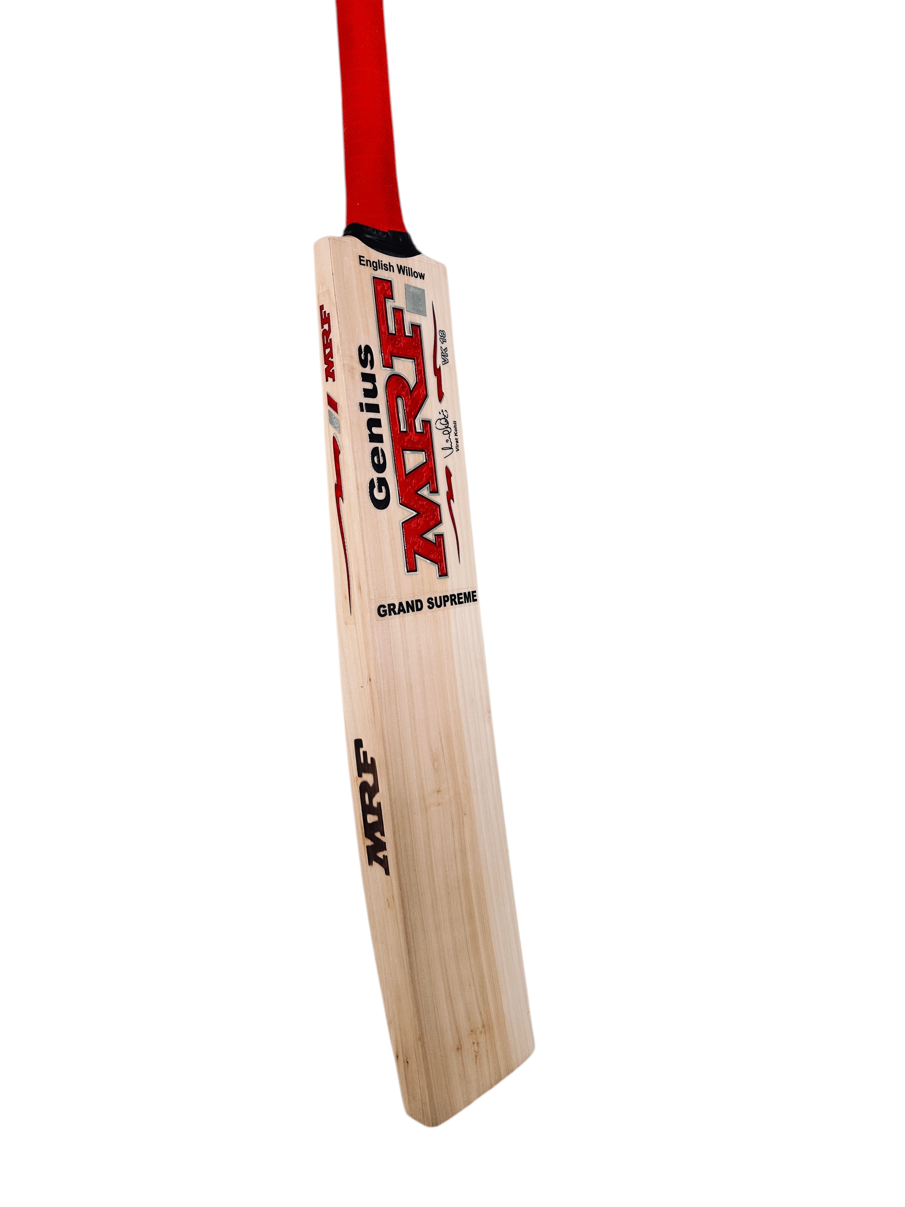 AKS CRICKET MRF Grand Supreme English willow cricket bat with red grip and signature branding on a white background