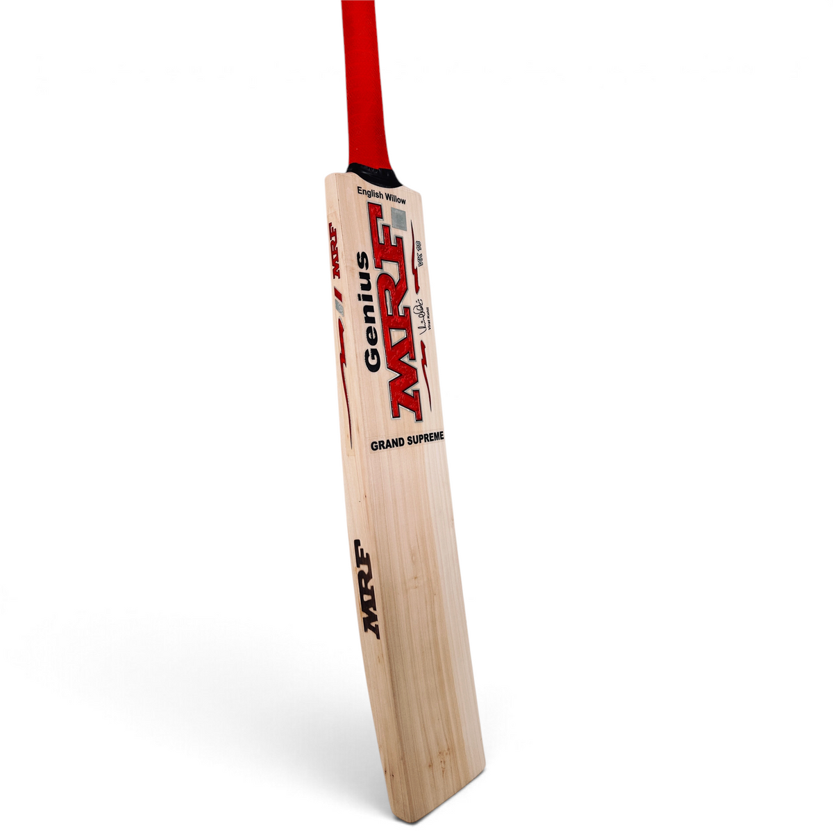 AKS CRICKET MRF Grand Supreme English willow cricket bat with red grip and signature branding on a white background