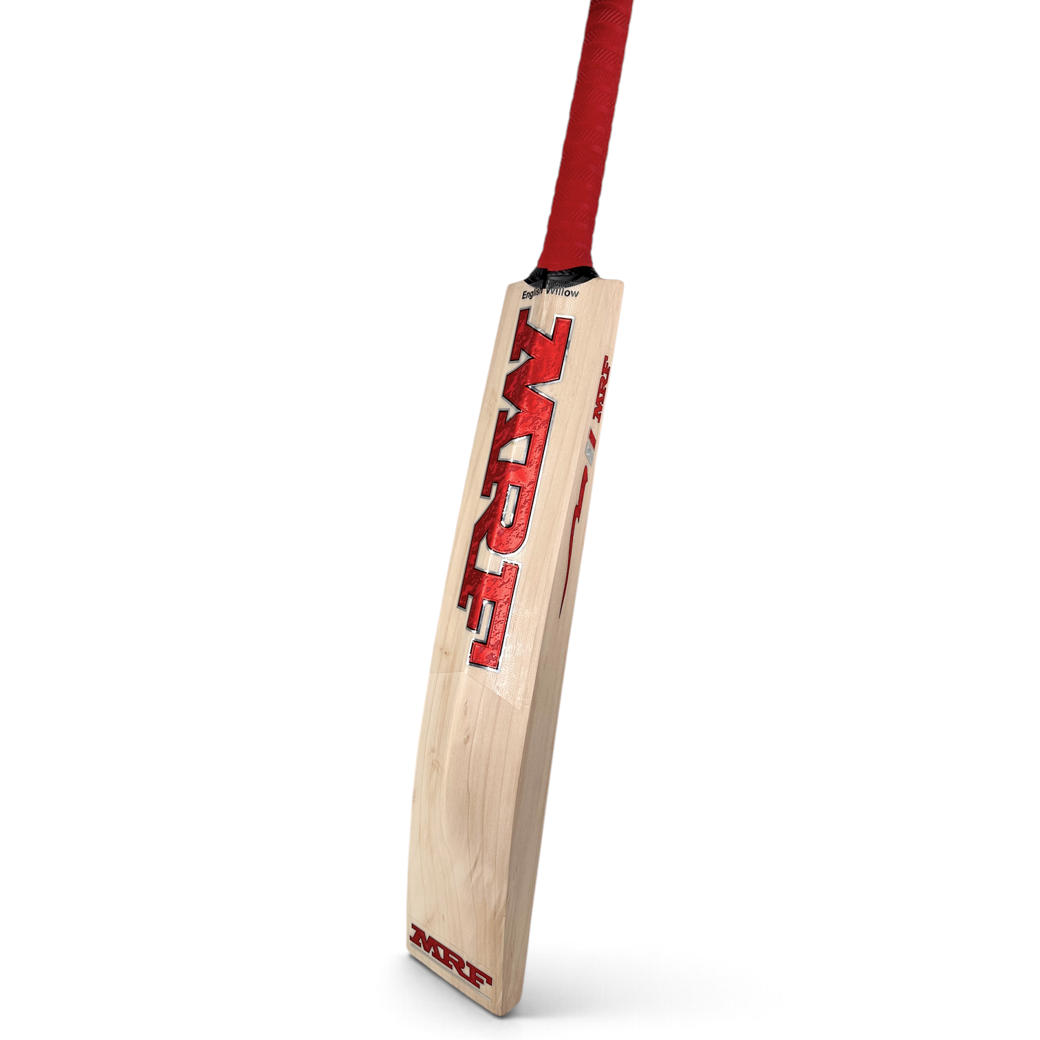 AKS CRICKET MRF Genius Legacy English willow cricket bat with red branding and handle grip on a white background