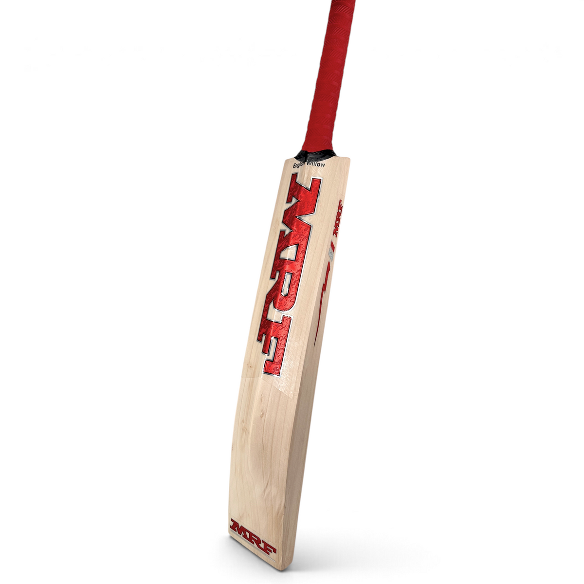 AKS CRICKET MRF Genius Legacy English willow cricket bat with red branding and handle grip on a white background