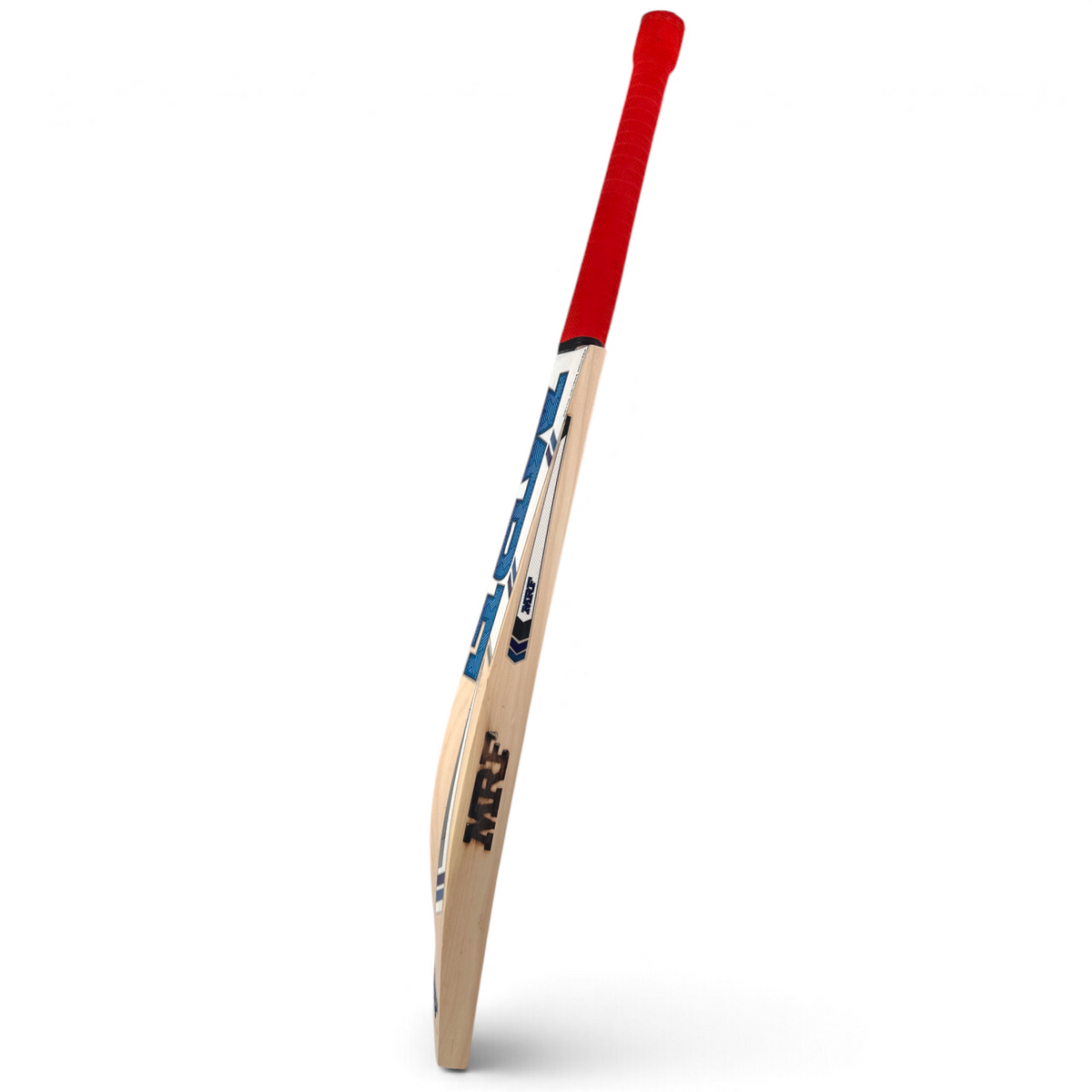 AKS CRICKET MRF Power 400 English willow cricket bat with red grip, blue branding, and flat toe design