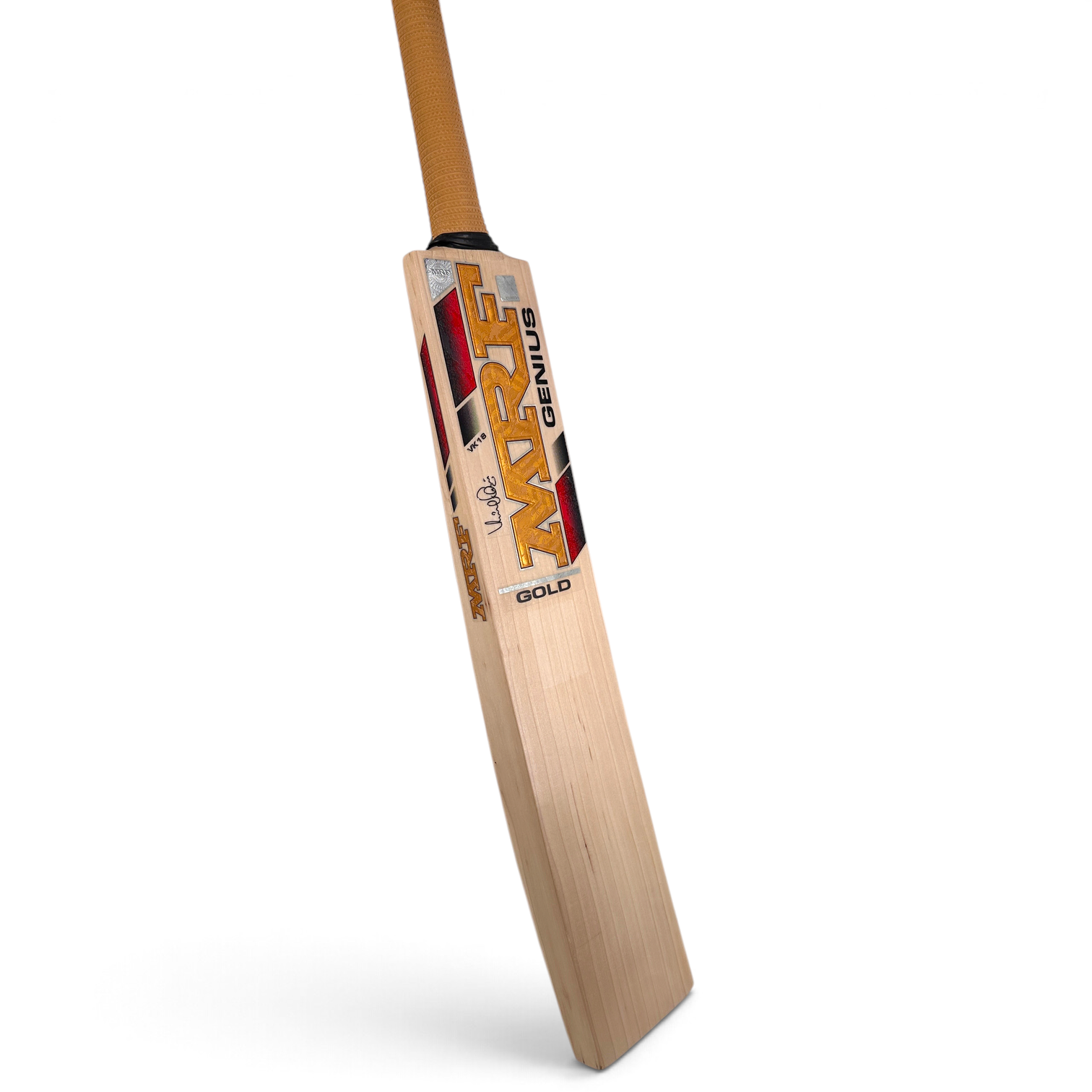 AKS CRICKET MRF Genius Gold English willow cricket bat with gold decals and a tan oval handle