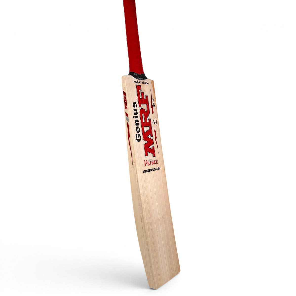 AKS CRICKET MRF Prince Limited Edition English Willow cricket bat with red grip and straight grain pattern