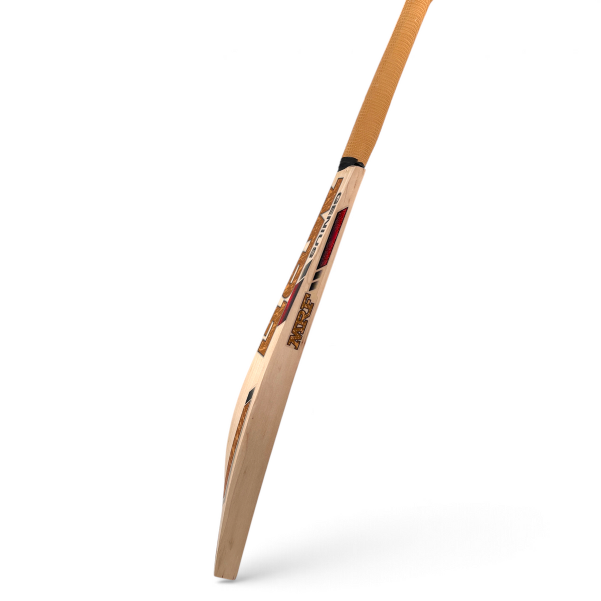 AKS CRICKET MRF Genius Gold English willow cricket bat with gold decals and tan grip, side profile view.
