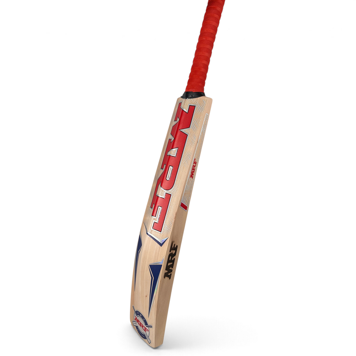 AKS CRICKET MRF EW Elegance English willow cricket bat with red handle grip and bold red and blue branding