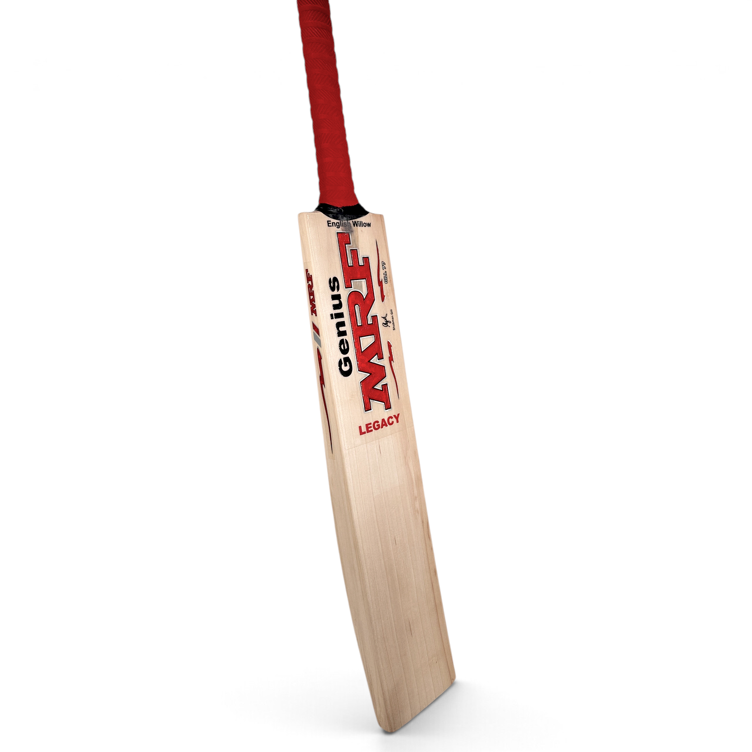 AKS CRICKET MRF Genius Legacy English willow cricket bat with red handle grip and professional grade wood finish
