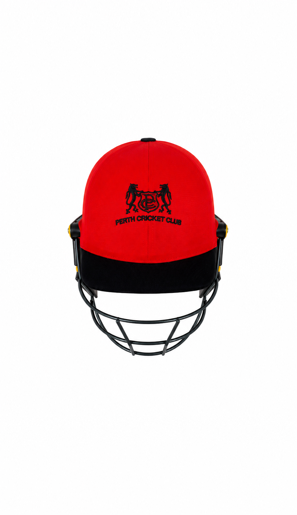 Masuri T Line Steel cricket helmet in Red with embroidered Perth Cricket Club emblem