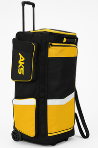 AKS wheelie cricket kit bag black yellow front view