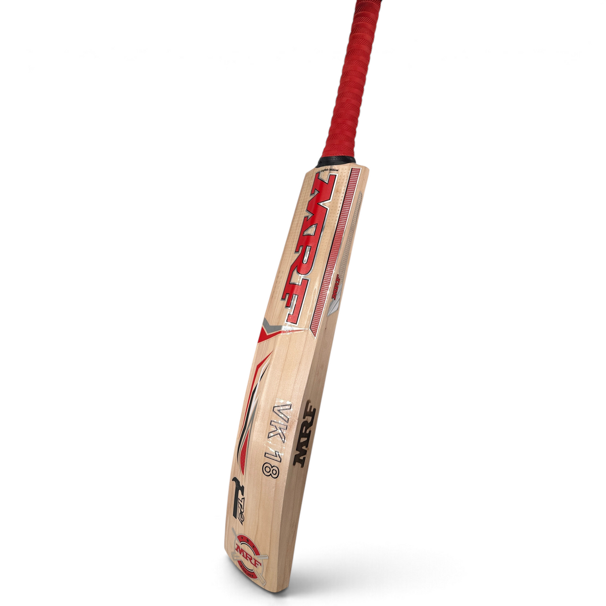 AKS CRICKET MRF Genius Hammer English willow cricket bat with red grip and VK 18 branding on a light wood blade