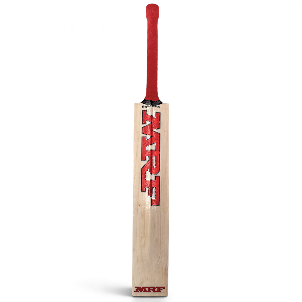 AKS CRICKET MRF Genius Legacy English willow cricket bat with red grip and bold red branding on a natural wood blade