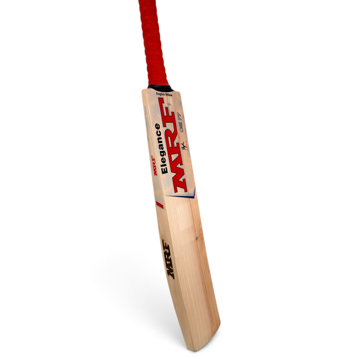 AKS CRICKET MRF EW Elegance English willow cricket bat with a red handle grip and clean wood grain profile