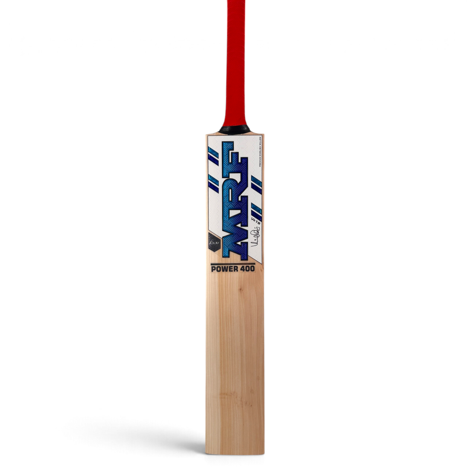 AKS CRICKET MRF Power 400 English willow cricket bat with a red handle grip and blue branding on the blade.