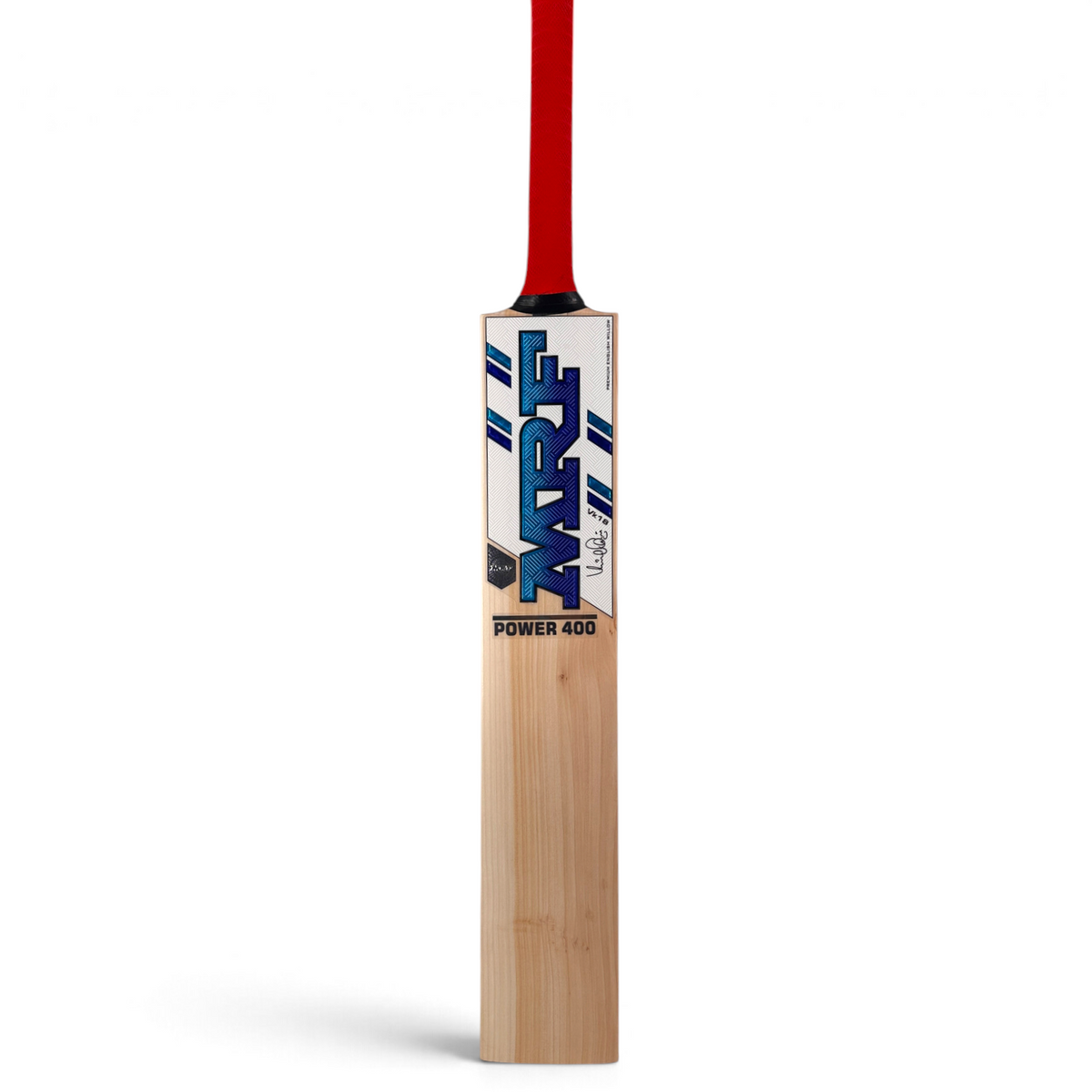 AKS CRICKET MRF Power 400 English willow cricket bat with a red handle grip and blue branding on the blade.