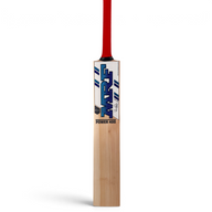 AKS CRICKET MRF Power 400 English willow cricket bat with a red handle grip and blue branding on the blade.