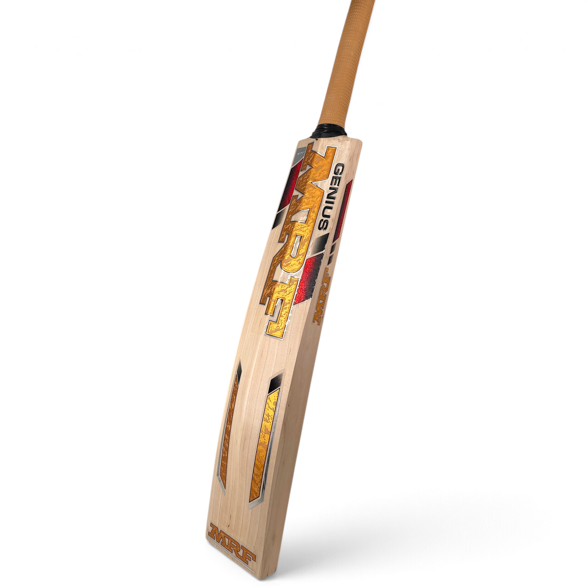 AKS CRICKET MRF Genius Gold English willow cricket bat with gold decals and a cane handle on a white background