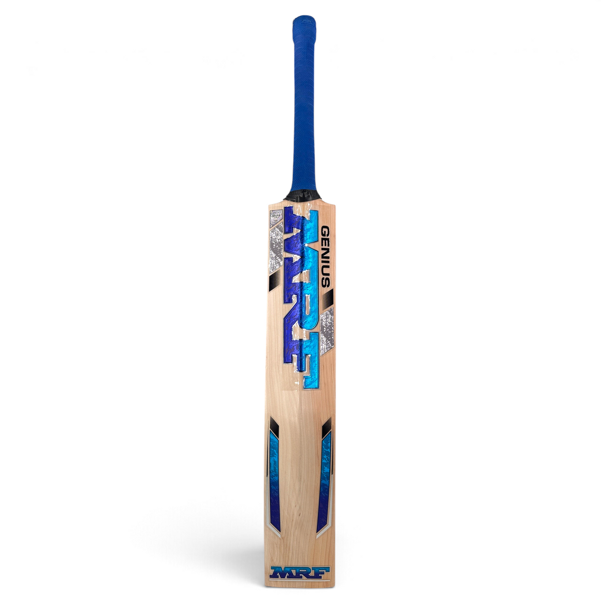 AKS CRICKET MRF Muscle English willow cricket bat with blue and silver decals and a blue handle grip