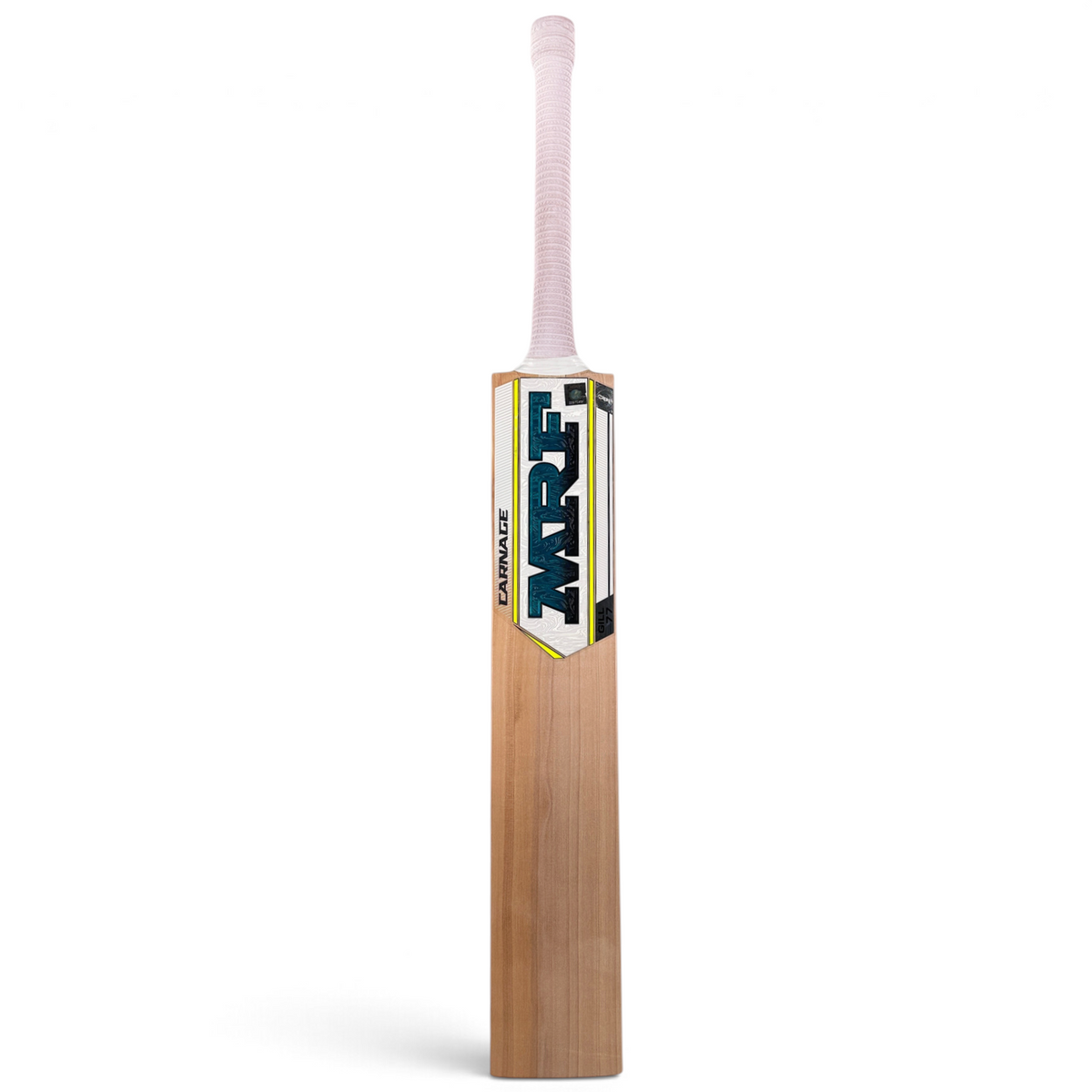 AKS CRICKET MRF EW Bat Carnage professional willow cricket bat with white grip and blue and yellow branding