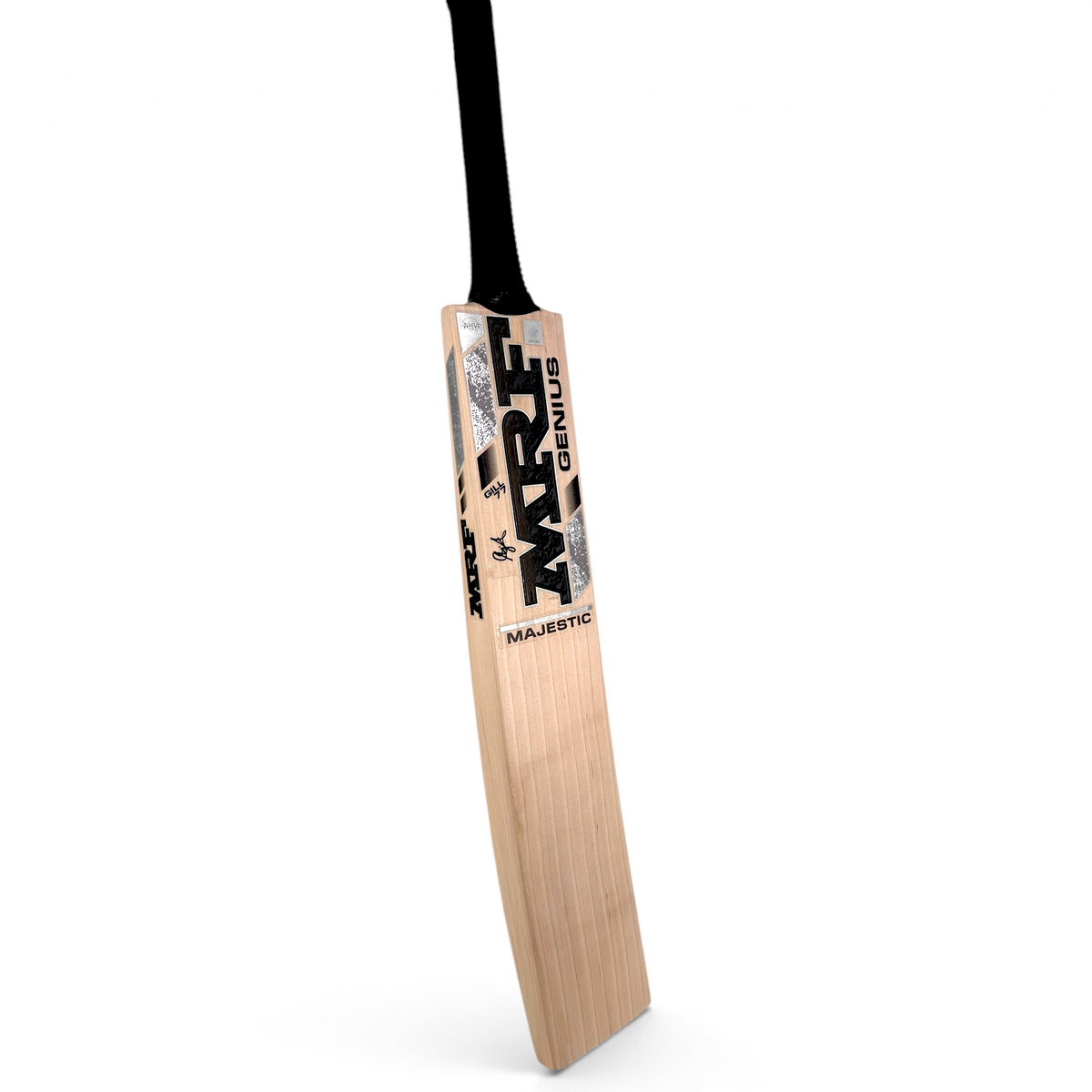 AKS CRICKET MRF Genius Majestic English willow cricket bat with black grip and silver branding details