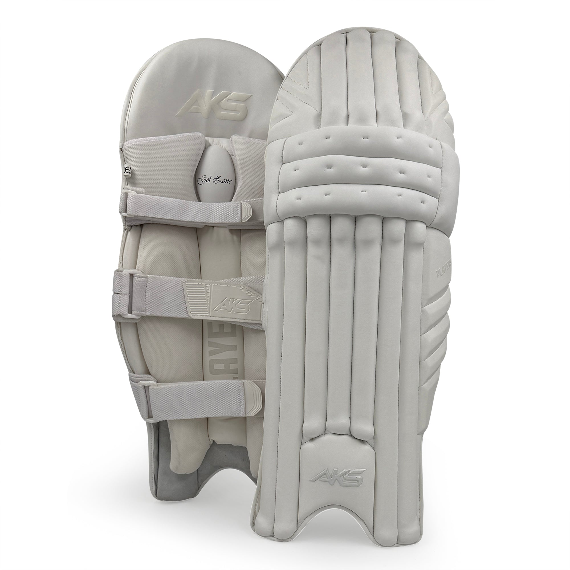 White cricket bat pads with 'AKS' branding on a white background