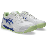 AKS CRICKET ASICS GEL-Lethal Field 2 white cricket shoes with blue logo and light green dimpled rubber outsole