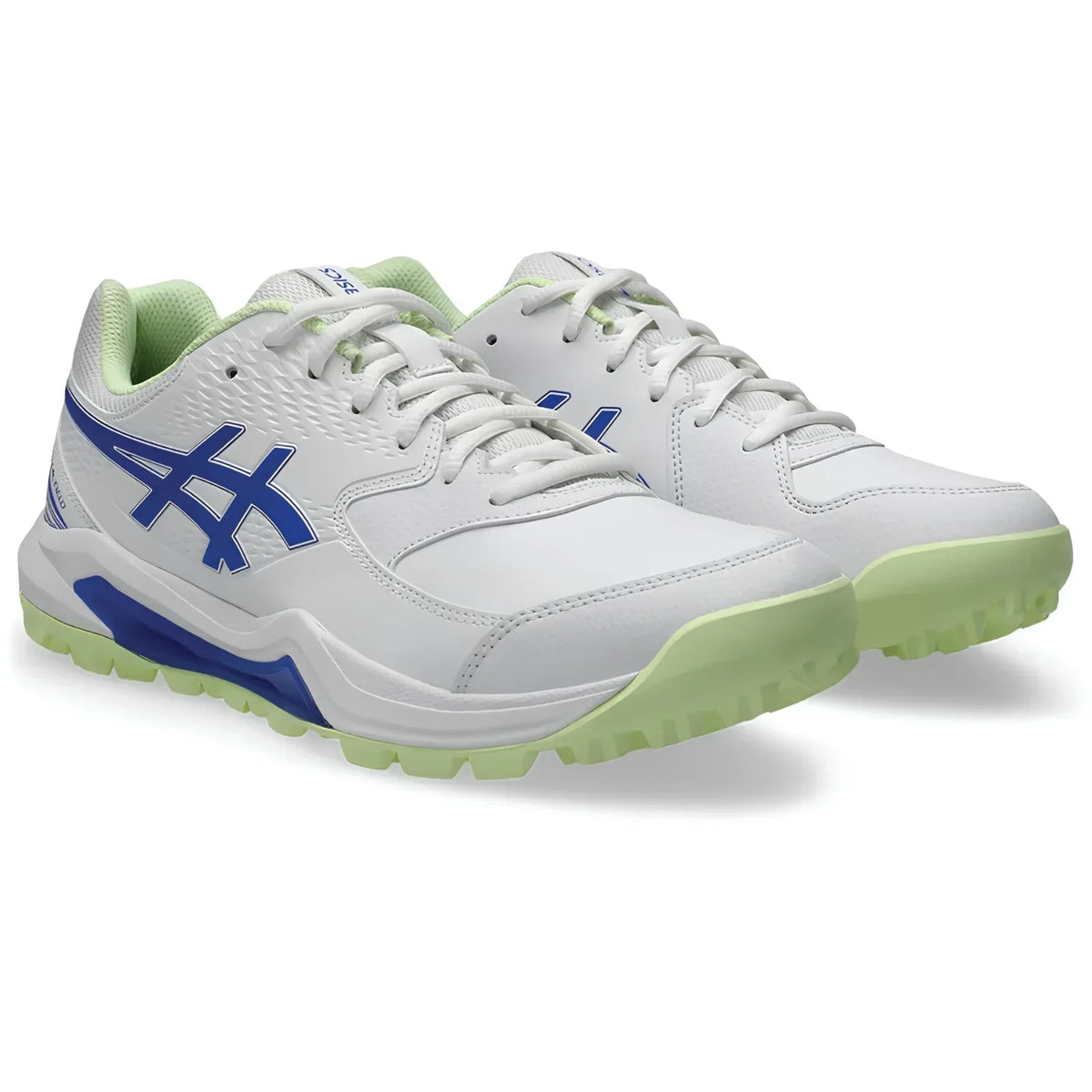 AKS CRICKET ASICS GEL-Lethal Field 2 white cricket shoes with blue logo and light green dimpled rubber outsole