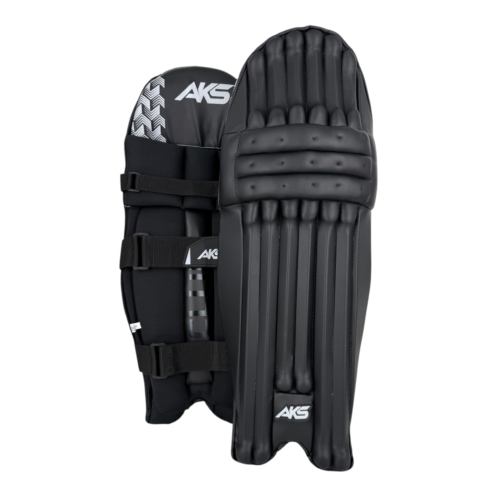 AKS CRICKET Club black adult batting pads with ambidextrous design and white logo branding on a white background