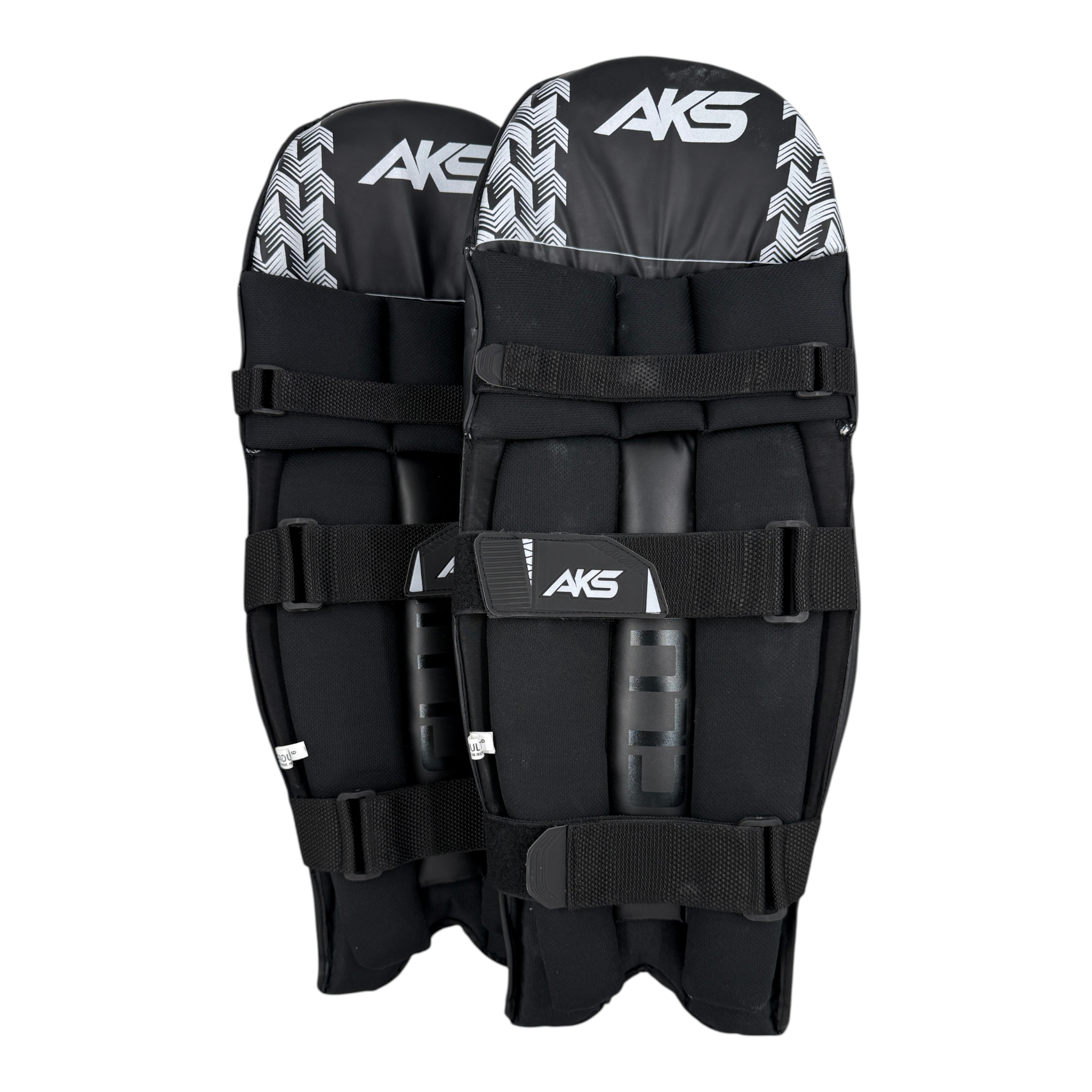 AKS CRICKET Club batting pads in black, featuring an ambidextrous design for adult cricket players.