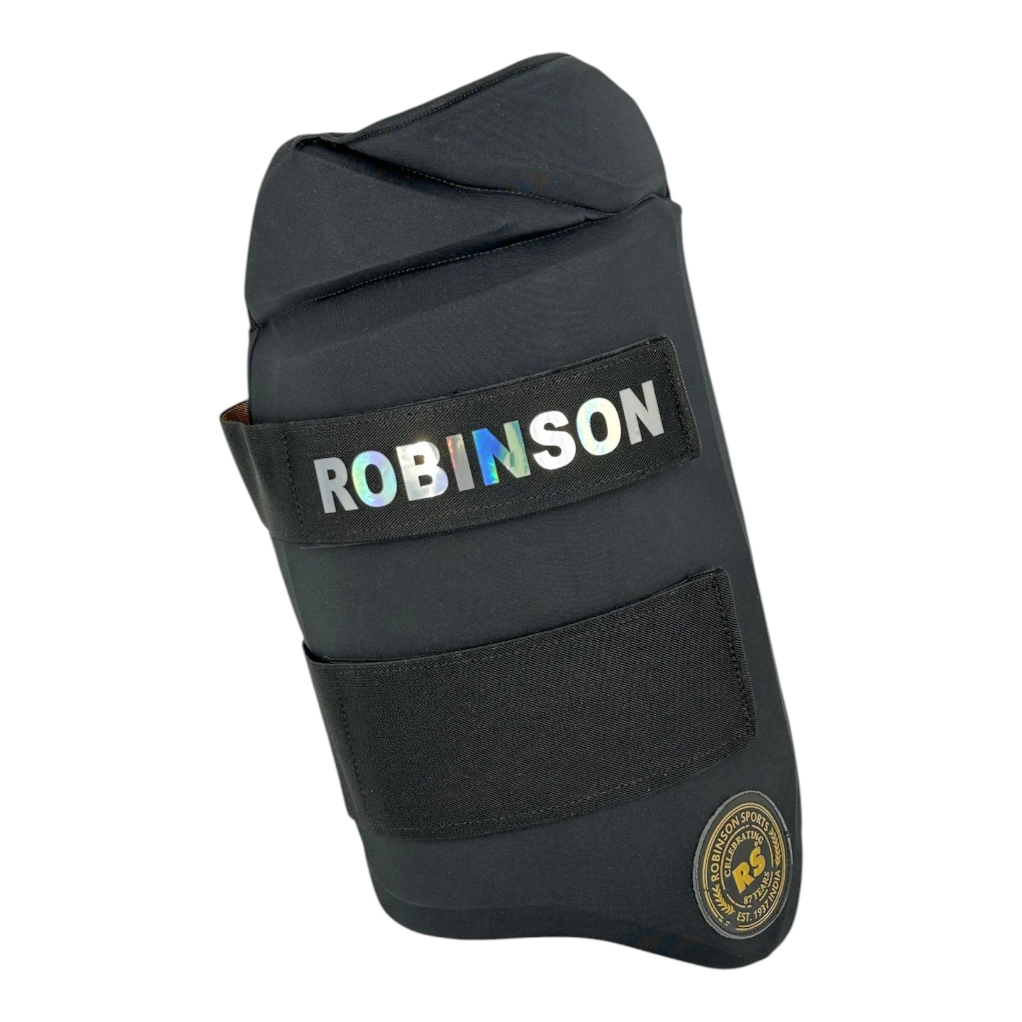 AKS CRICKET professional black thigh guard with holographic Robinson branding and adjustable straps for cricket players.