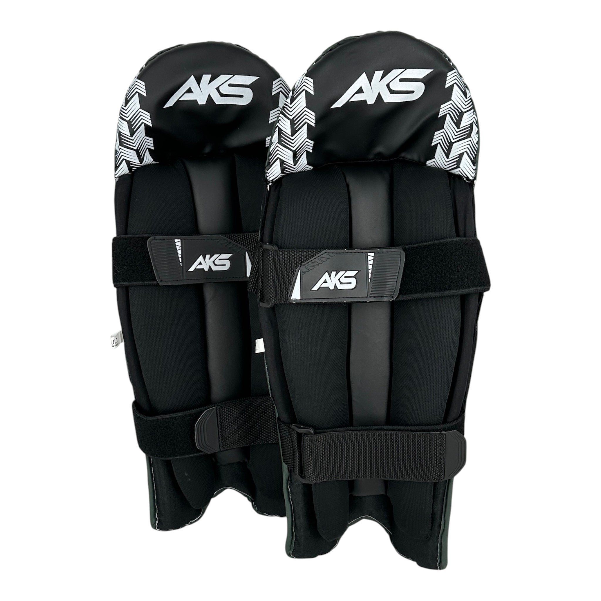 AKS CRICKET wicket keeping pads in black with white patterned top sections and secure velcro straps