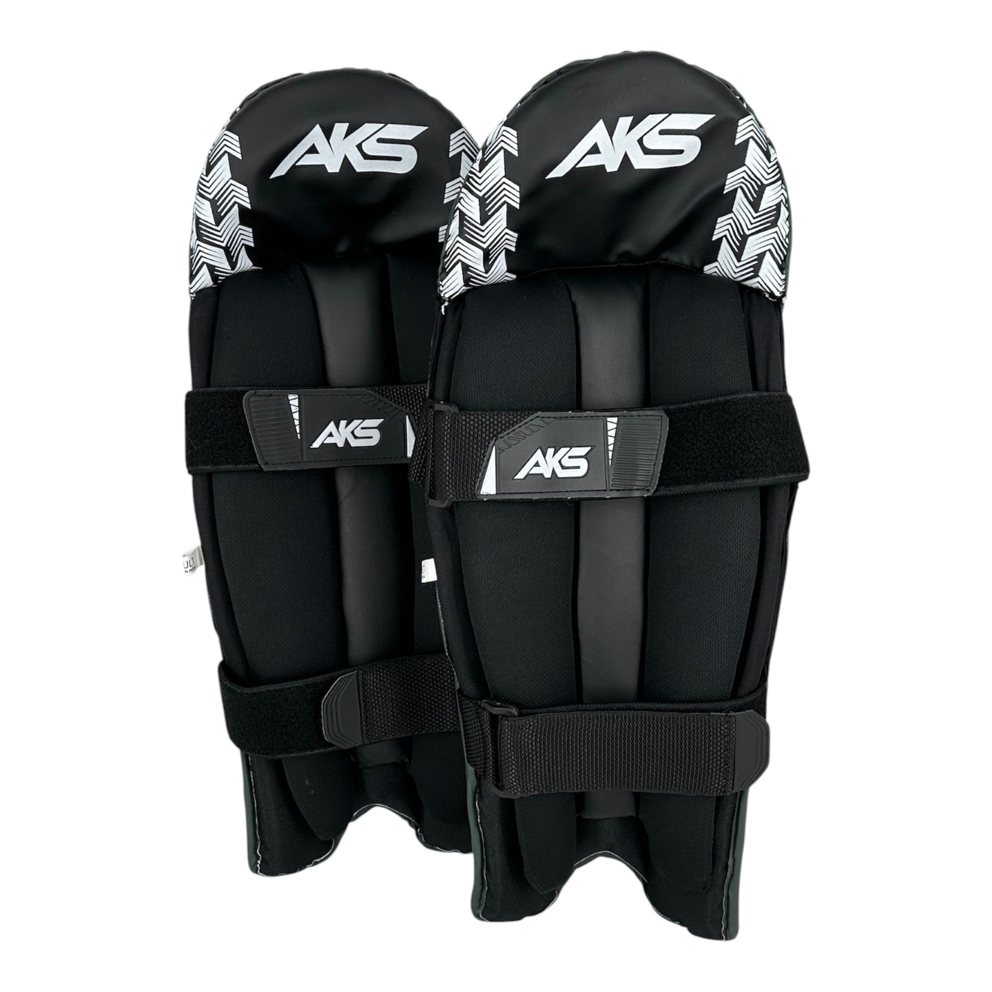 AKS CRICKET wicket keeping pads in black with white patterned top sections and secure velcro straps