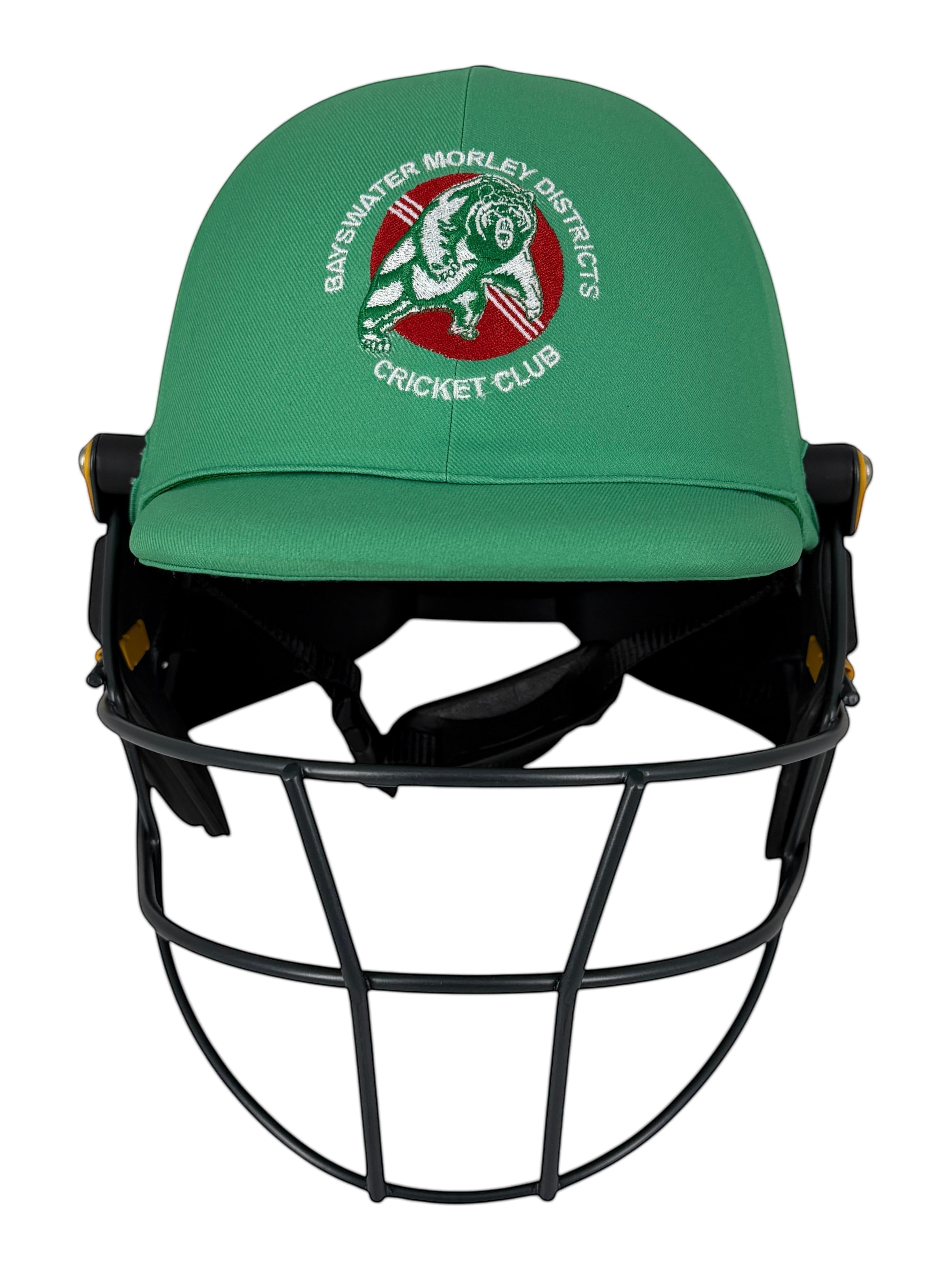 AKS CRICKET professional green batting helmet with black steel grille and Bayswater Morley Districts Cricket Club logo