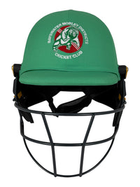 AKS CRICKET professional green batting helmet with black steel grille and Bayswater Morley Districts Cricket Club logo