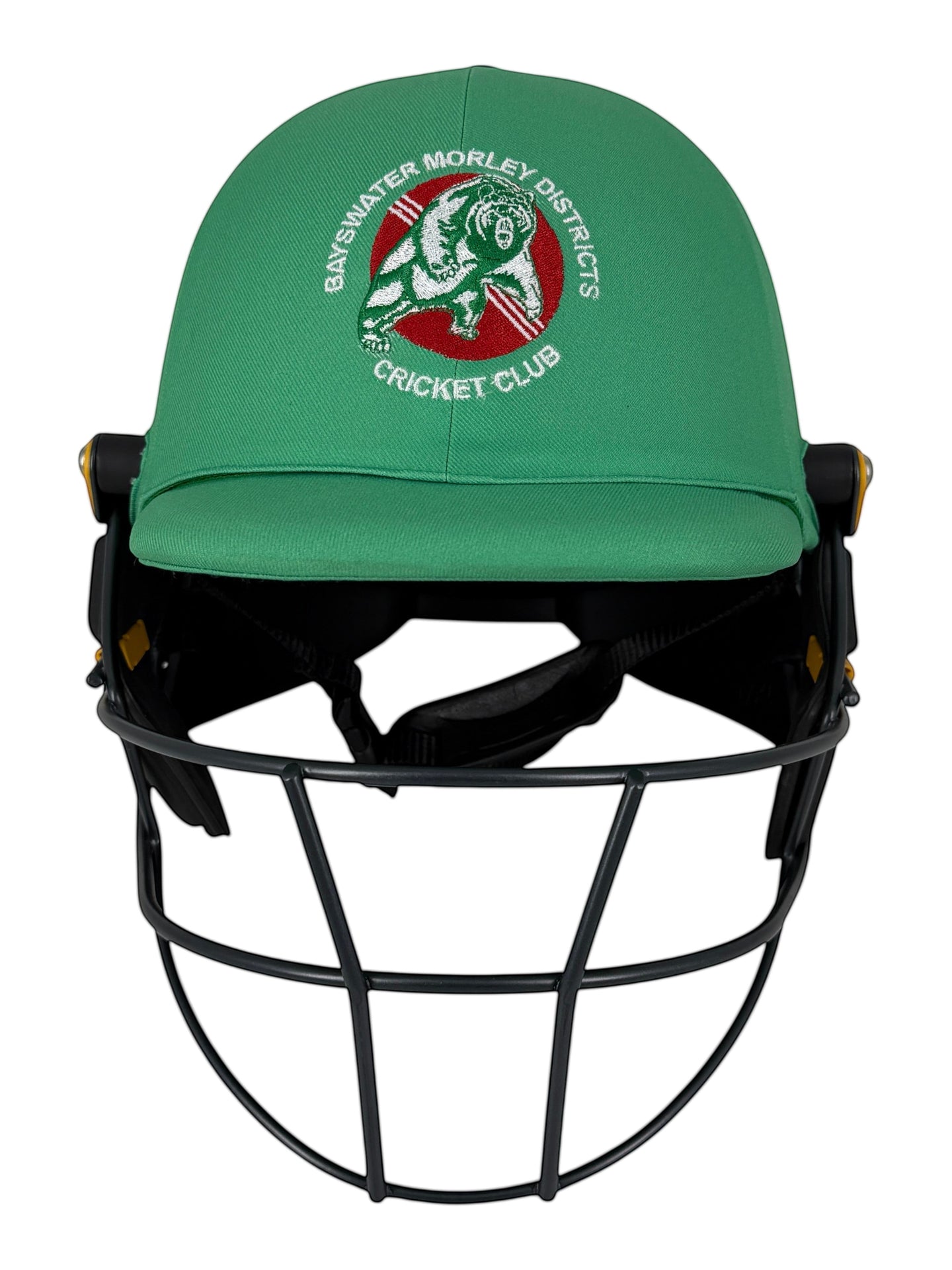 AKS CRICKET professional green batting helmet with black steel grille and Bayswater Morley Districts Cricket Club logo
