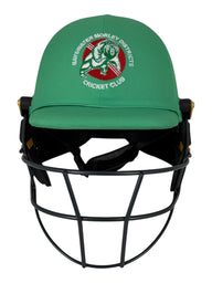 AKS CRICKET professional green batting helmet with black steel grille and Bayswater Morley Districts Cricket Club logo