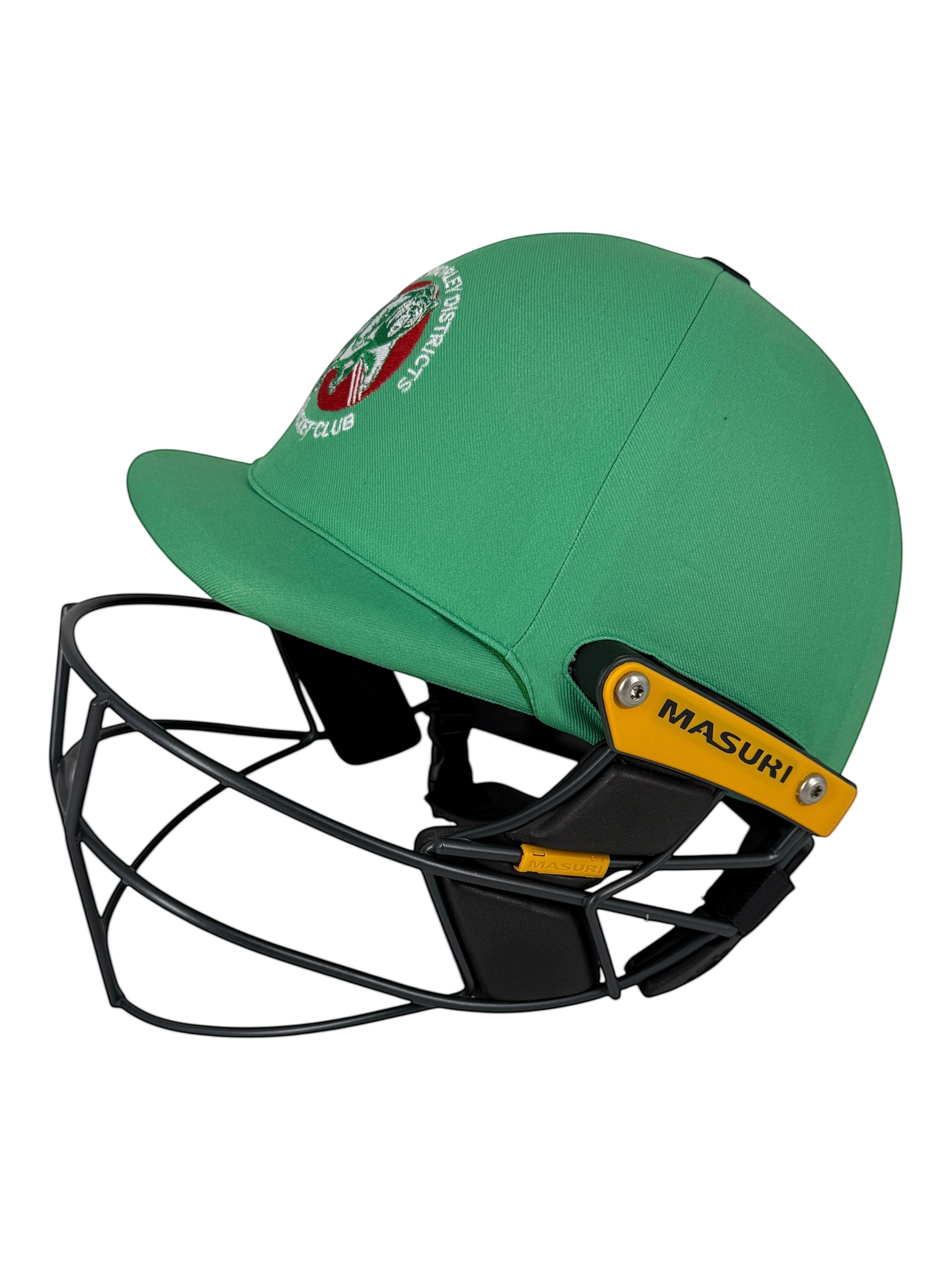 AKS CRICKET professional green cricket batting helmet with a protective steel grille and club logo on the side